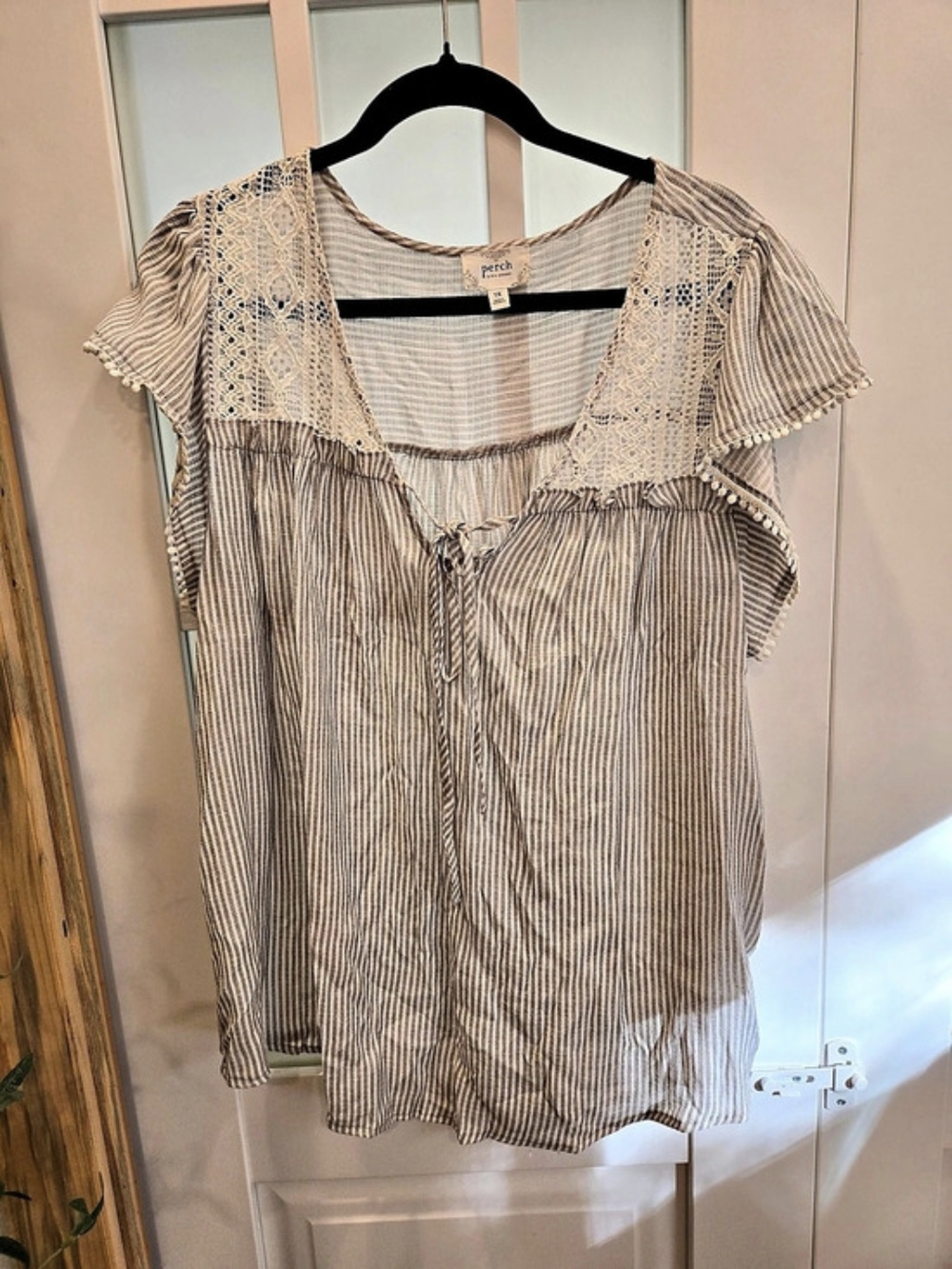 Perch by Blu Pepper Striped Lace-Trim Flutter Sleeve Top Gray & White 1X - Picture 2 of 4